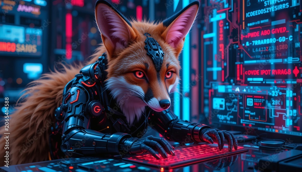 Fototapeta premium Cyber Fox Hacker at Futuristic Computer Terminal