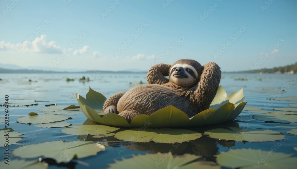 Fototapeta premium Cute Sloth Relaxing on Lotus Leaf