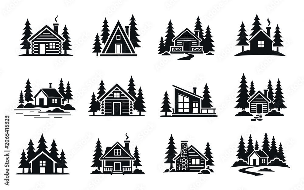 Obraz premium Log cabin and rustic forest house icons set featuring various wooden cottage designs with pine trees for outdoor adventure and camping graphics