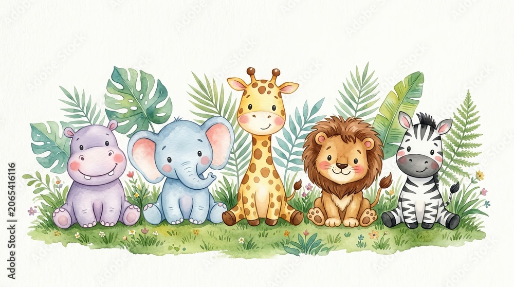 Naklejka premium Cute Watercolor Baby Safari Animals Nursery Wall Art Collection