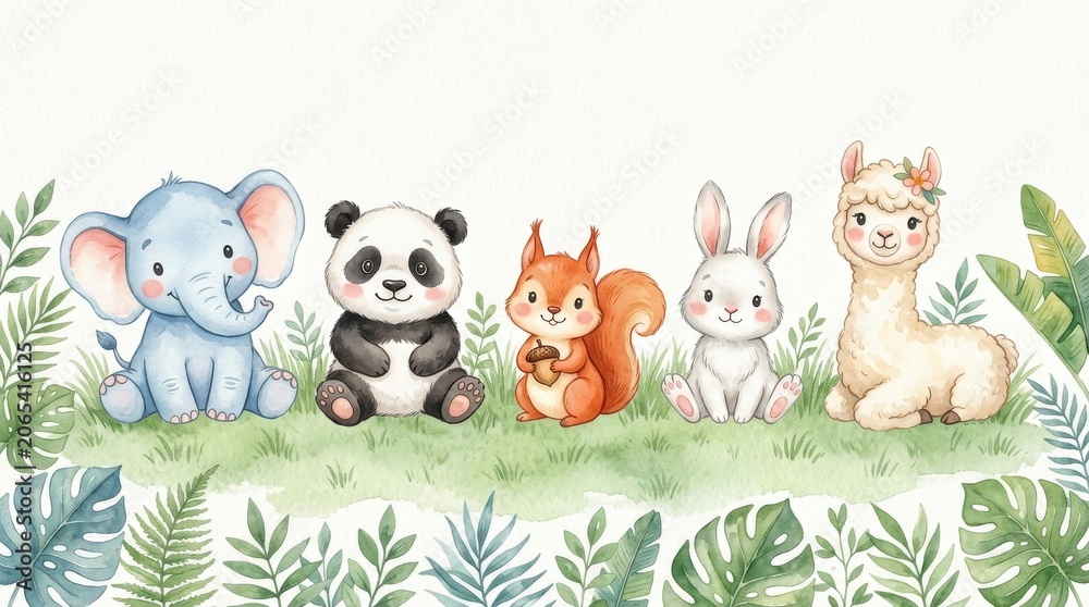 Naklejka premium Cute Watercolor Animal Friends with Panda Bunny Alpaca and Elephant