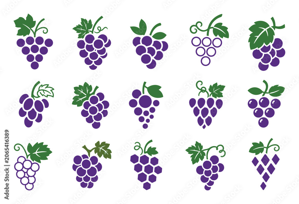 Obraz premium Purple grape bunch icons with green leaves in various graphic styles for wine branding, fruit logo design, and agricultural business identity