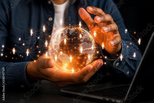 Hand holding digital globe with network connections technology concept illustration