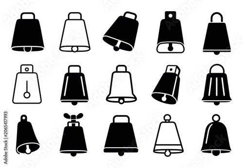Cowbell icons in vector style featuring various designs of traditional Swiss and alpine bells for farming, livestock, and musical instruments