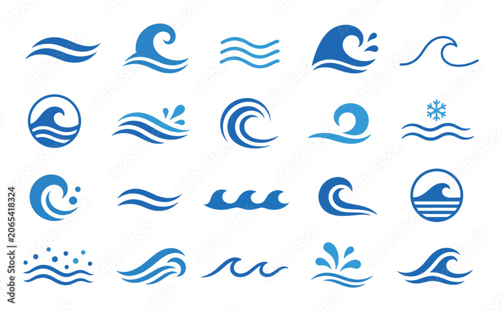 Fototapeta premium Blue ocean wave icons and water symbols in various minimalist designs for graphic design, branding, logo creation, and marine-themed decorative elements