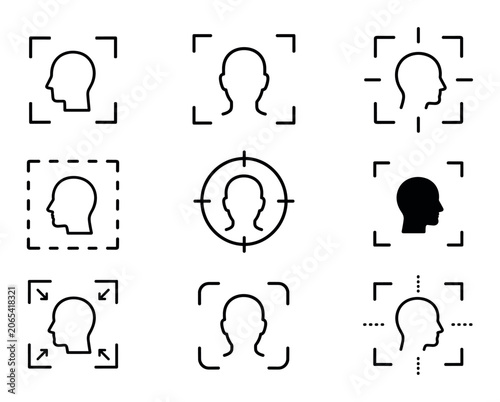 Facial recognition and face detection icon set featuring human head silhouettes with biometric scanning frames, target crosshairs, and focus indicators for security and technology concepts