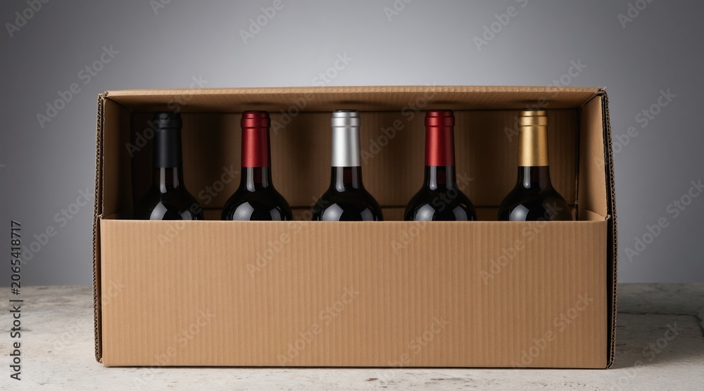 Fototapeta premium Assorted wine bottles rest inside open cardboard box on marble surface. Five glass containers display varied hues. Packaging suggests delivery retail presentation. Minimalist studio setup offers