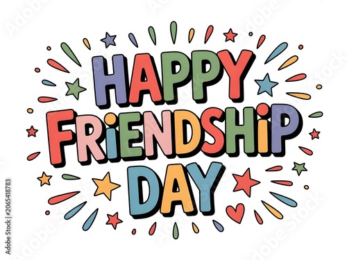Happy Friendship Day typography with colorful doodles and stars
