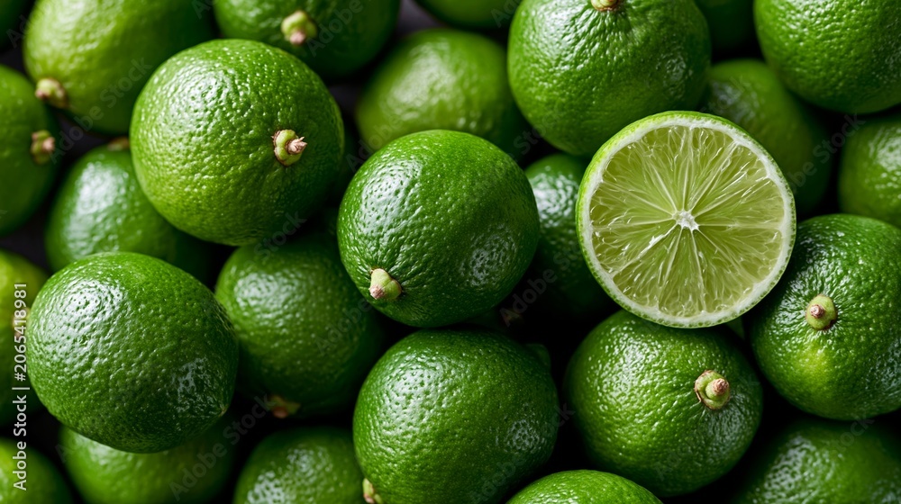 Obraz premium Fresh green limes piled together with one lime cut in half, showcasing the juicy interior and textured skin, arranged on a dark surface