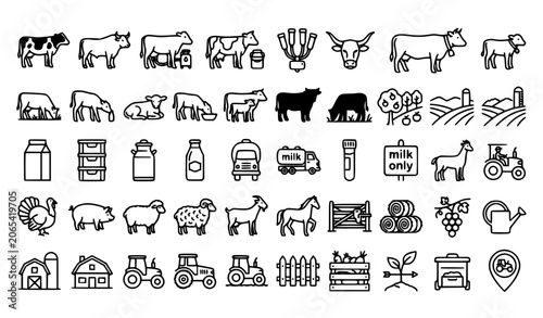 Farm cow outline icon set with dairy cattle livestock and agriculture symbols