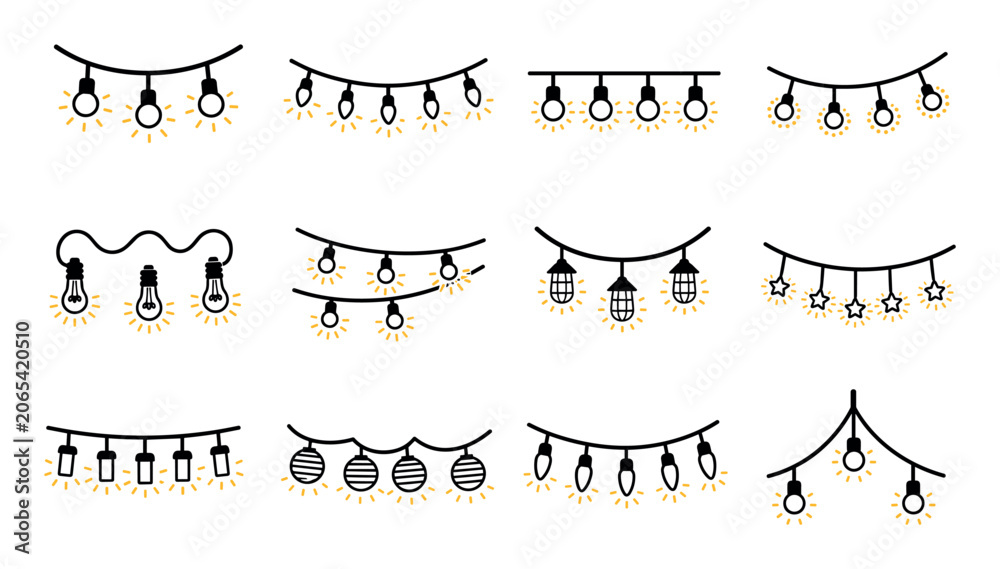 Fototapeta premium Hanging light bulb garland vector icon set featuring various decorative glowing string lights for festive party celebrations and holiday event designs
