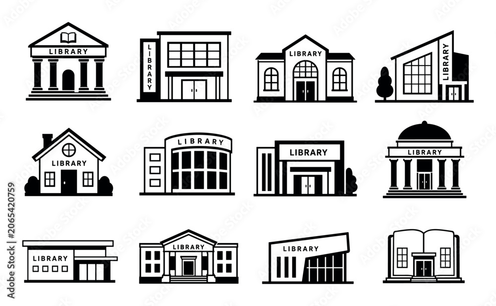 Naklejka premium Library building icons set in black and white style featuring various architectural designs from classical structures with columns to modern minimalist educational facilities