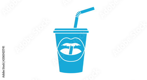 Tableau sur toile Blue stylized cup with straw and mouth icon, isolated on white background