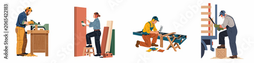 Foto Flat Illustrations of Diverse Carpenters and Woodworkers Using Various Hand Tool