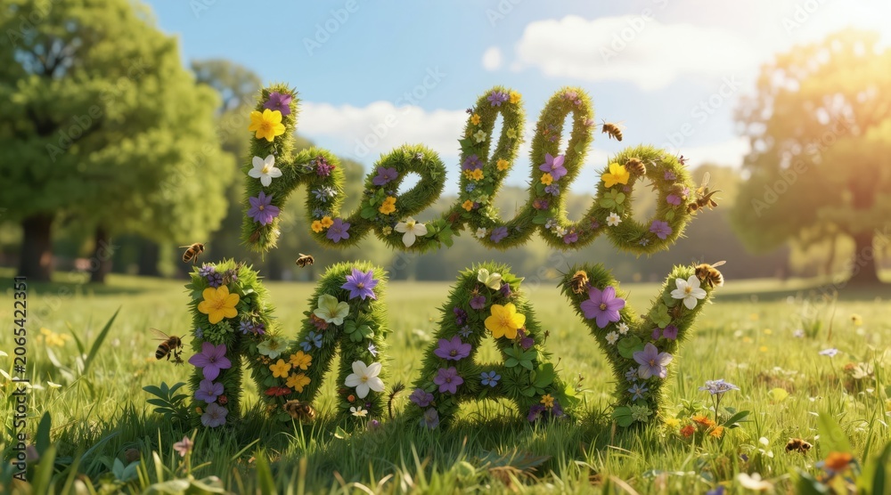 Fototapeta premium Floral Hello May text sits amid vibrant meadow. Bees fly around letters formed from grass flowers. Sunny spring landscape radiates warmth joy renewal. Rich green plants creates idyllic scene perfect