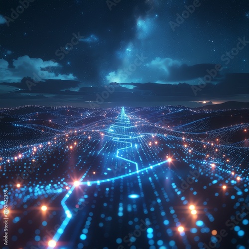 Futuristic cityscape with glowing blue lines and dots under a starry night sky.