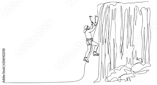 Εκτύπωση καμβά Ice climbing, extreme sport, single line drawing of climber ascending frozen wat