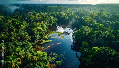 Aerial view of lush green river surrounded by dense forest.