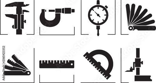 Precision measuring tools icon set containing calibration and metrology instruments in flat style on white background.