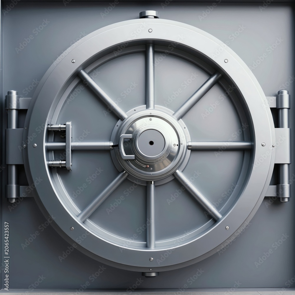 Fototapeta premium Heavy circular steel vault door, strong security mechanism. Modern bank safe entry with robust locking system. Secure access protection for valuables, financial assets.