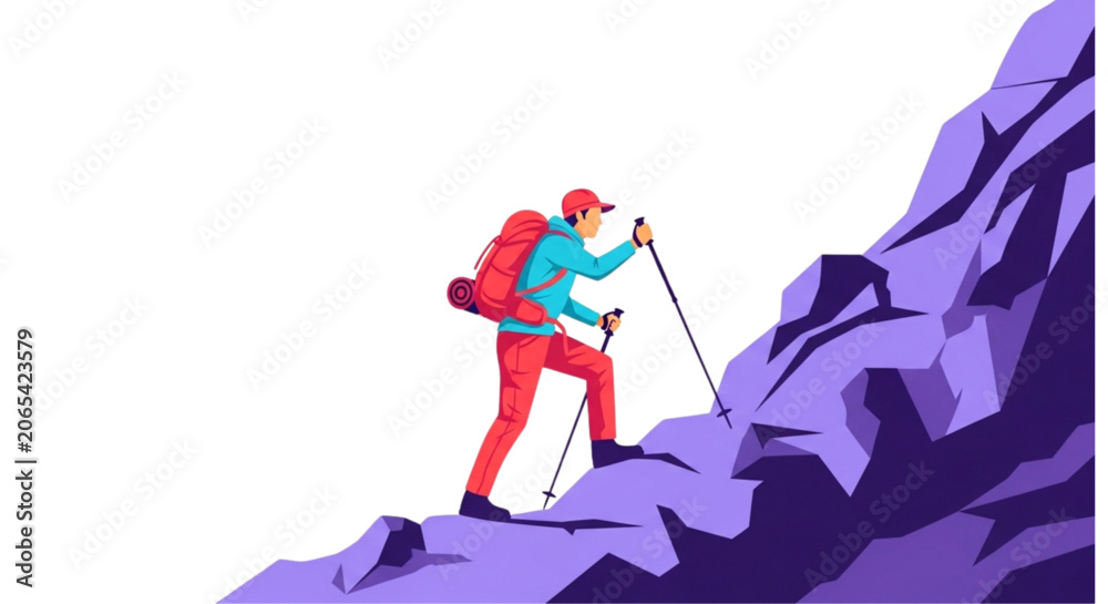 Naklejka premium Backpacker hiker walking on a mountain trail during summer trip 