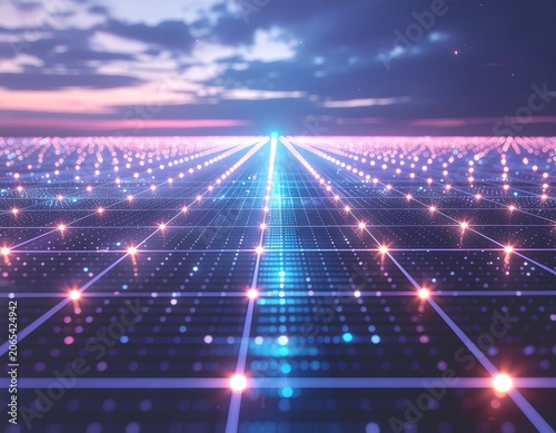 Futuristic grid with glowing lights at dusk.