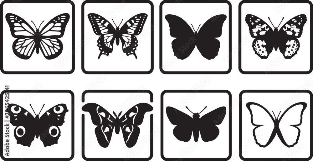 Obraz premium Black and white butterfly icons set with various wing patterns and silhouettes in square frames.