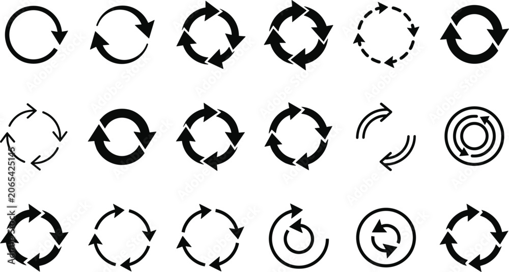 © Nayem - Circular Arrow and Recycle Icon Set with Refresh Repeat Loop Rotate Reset Reload and Process Synchronization Symbols Vector Illustration
