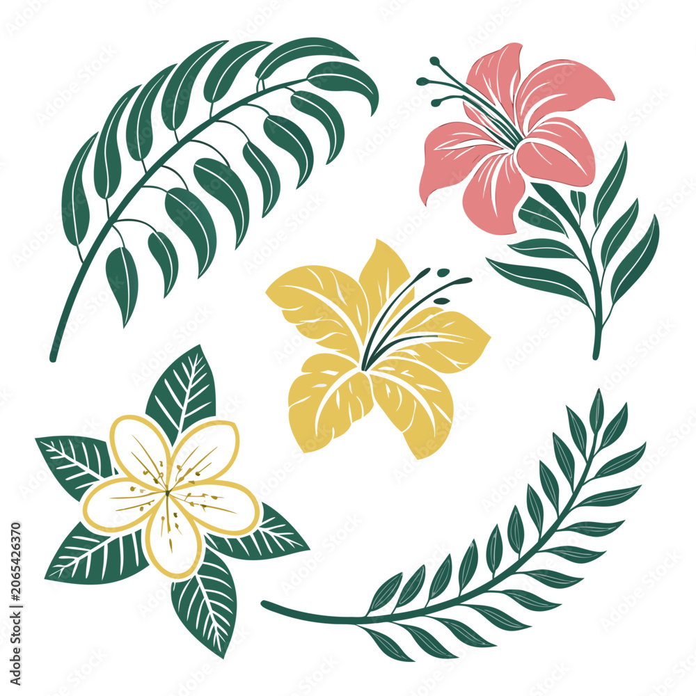 Obraz premium Colorful tropical flowers and leaves illustration with tropical illustration botanical