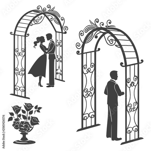 Tableau sur toile Couple standing under a decorative archway with a man holding a bouquet of roses