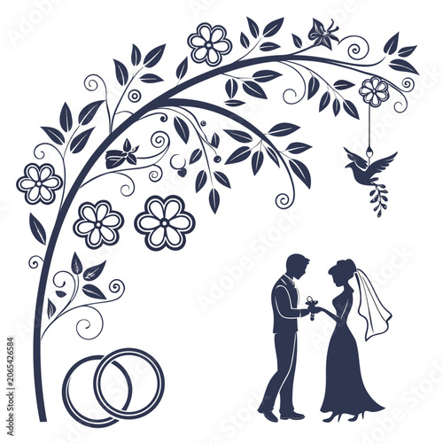 Quadro su tela Silhouette of a bride and groom exchanging rings under a tree with flowers and a