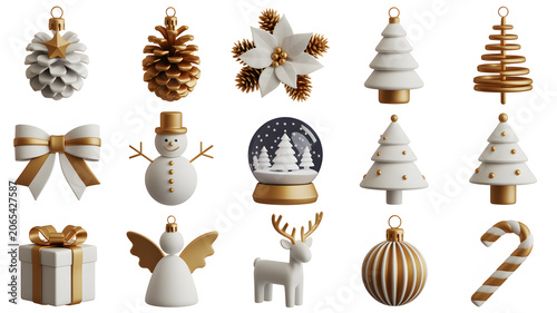 White and gold christmas ornaments and decorations on white background
