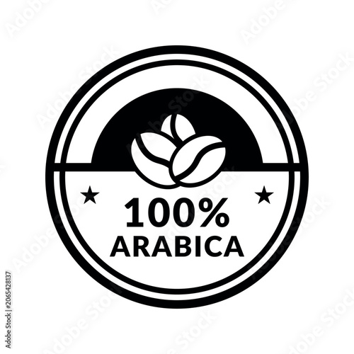 100 percent Arabica vector label stamp isolated on white background. Premium coffee sticker for packaging. Coffee beans icon with frame and stars decoration. 