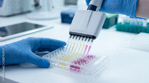 Close Up of Scientist Hands with Multichannel Pipette and Microtiter Plate in Laboratory