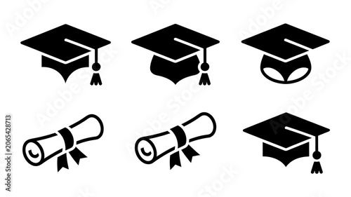 Graduation hat cap icons set. Academic cap. Graduation student black cap and diploma - stock vector.
