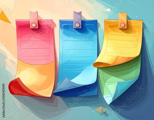Colorful sticky notes with clips on a vibrant background