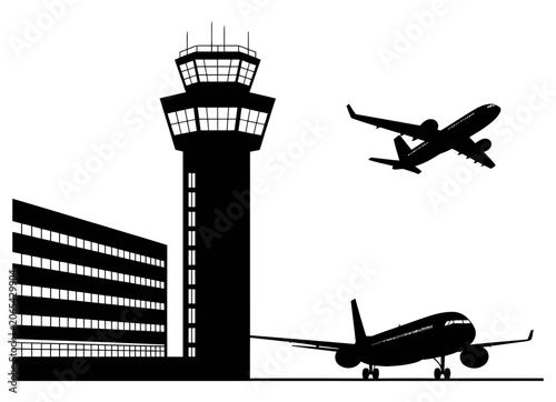 Airport terminal tower and airplanes taking off vector graphic for travel and aviation art