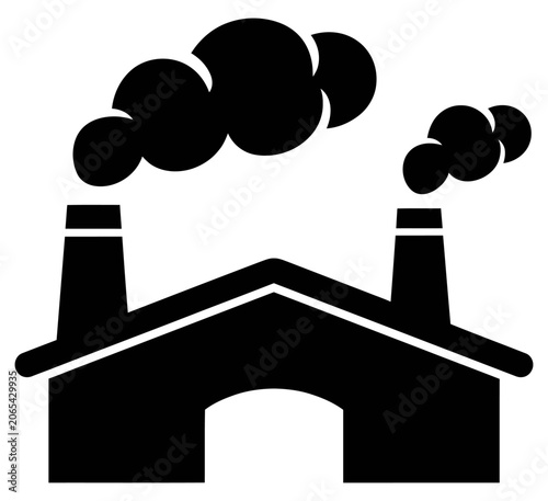 Industrial factory building with smoke vector icon for manufacturing and environment