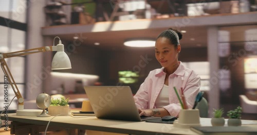 360 Degree. Mixed Race Female Entrepreneur Types on Laptop in Office, Optimizing Ecommerce Workflow and Payment Software, Analyzing Digital Sales Data With Focused Productivity. Arc Tracking Shot.