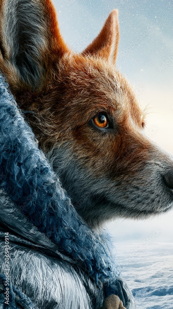 Fototapeta premium Detailed portrait of a fox in a winter landscape. The image highlights the animal's features and the surrounding snowy environment, which can be used in wildlife documentaries, educational content,