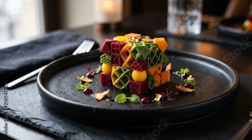 Geometric gourmet dessert crafted from colorful layered structures served on a sleek black ceramic plate