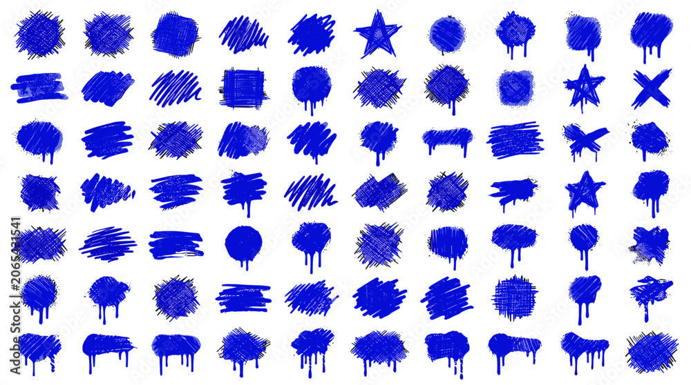 Fototapeta premium Collection of blue ink brush strokes and splatters on for artistic design