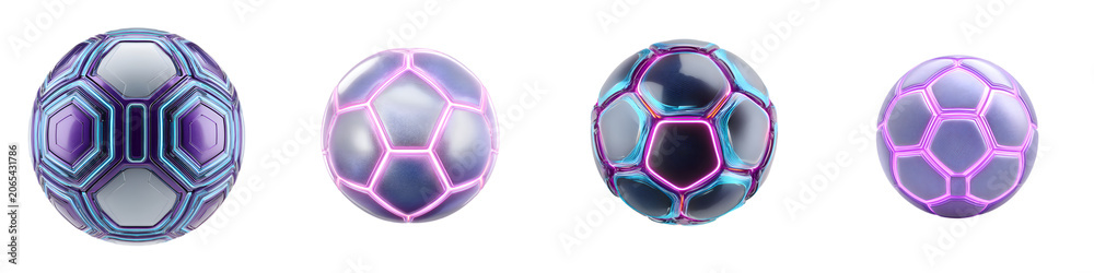 Naklejka premium Futuristic Soccer Balls Collection, Neon Glow, Sport and Technology Concept