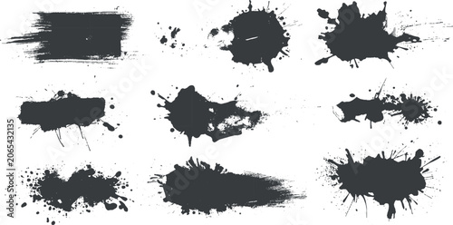 Obraz na plátně Set of Black Ink Splashes and Blots with Grunge Paint Vector Design Elements