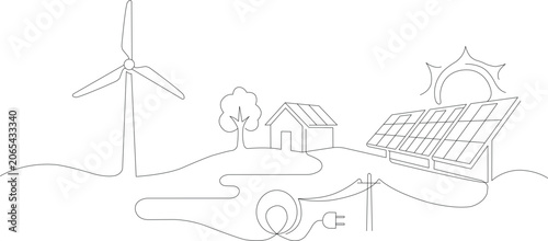 Continuous one line drawing featuring wind turbine, solar panels, eco house and electric power connection. Sustainable energy concept representing renewable resources, green technology, environmental 