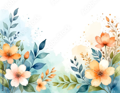 Delicate floral arrangement with orange and white flowers, green leaves on watercolor background