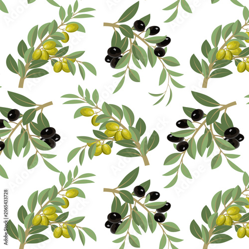 Black and green olives on white background.Colored pattern with green and black olives on the branches.
