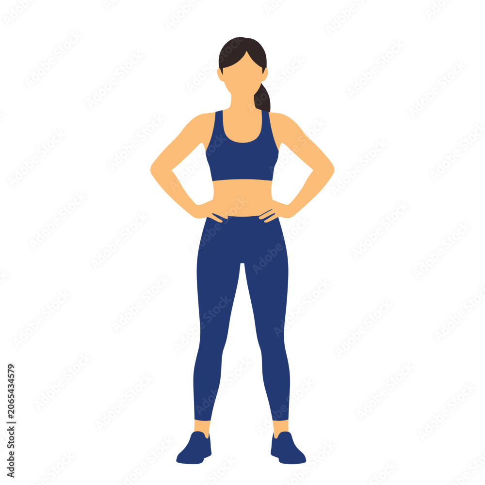 Fototapeta premium Female Fitness Trainer Standing Confidently with Hands on Hips, Athletic Wear Vector Illustration Isolated Transparent Background