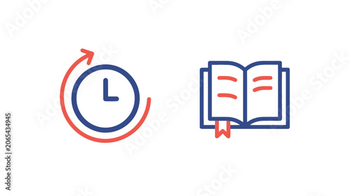 Line art icons of a clock with a reset arrow and an open book with a bookmark