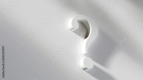 Conceptual background: Minimalist white 3D question mark standing on clean floor